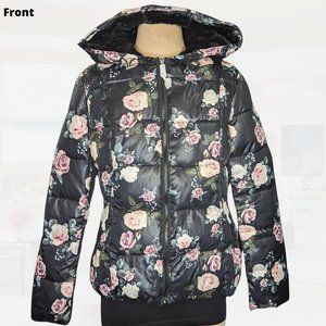 Floral Quilted puffer Jacket fits large (black w/ white/pink/purple flowers)